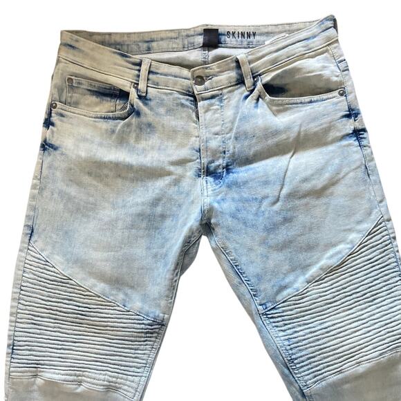 H&M Skinny Stretch Jeans Moto Biker Denim Acid Wash Button Fly Blue Mens Size 36 - Picture 3 of 8